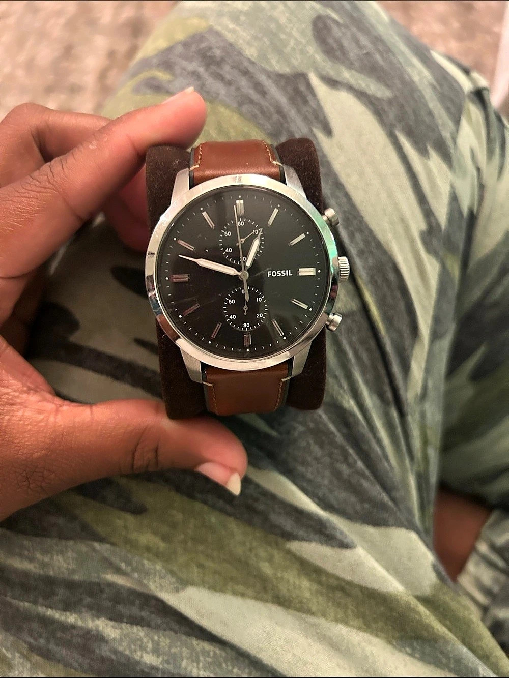Fossil Grant Chronograph Black Dial Brown Leather Watch Brown Leather